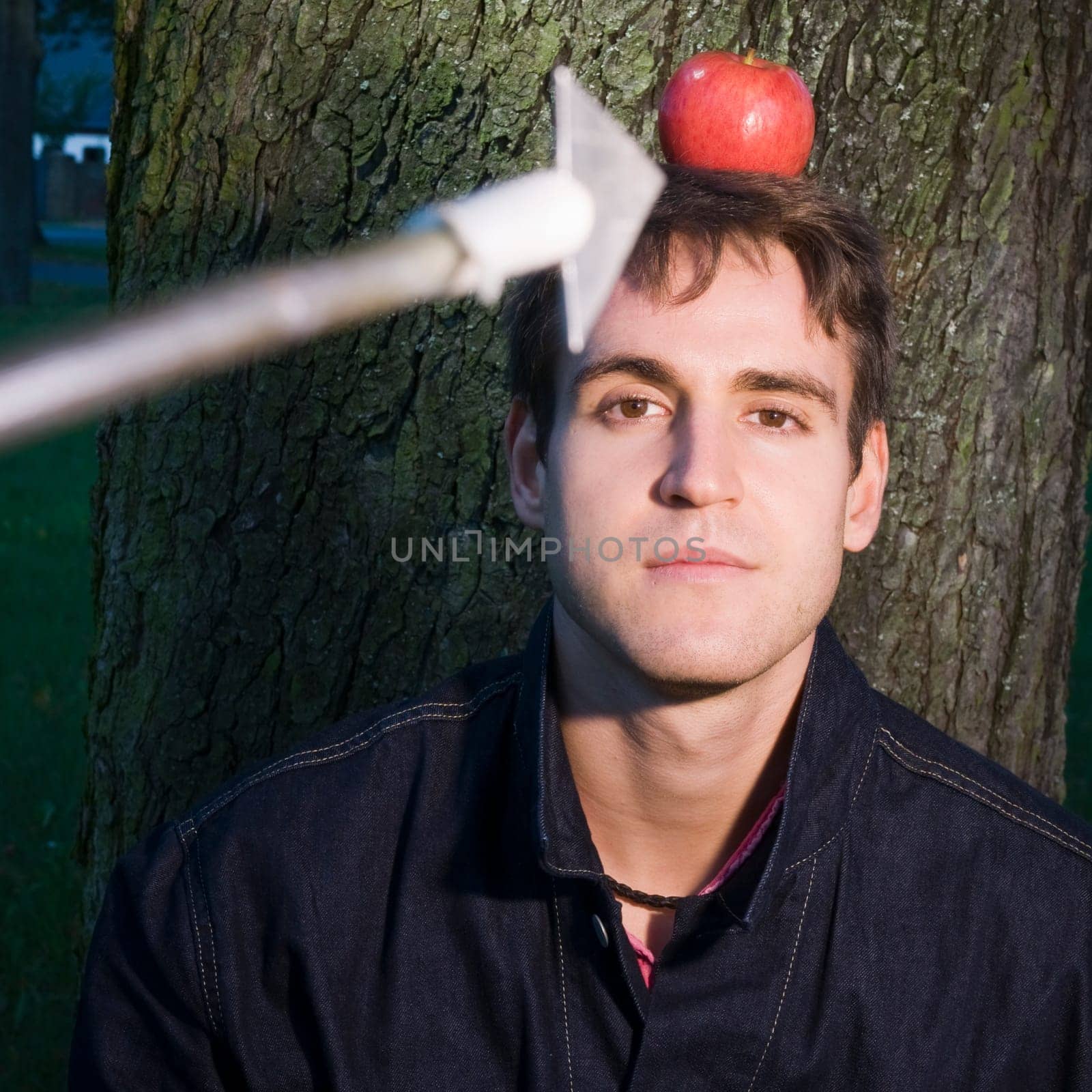 Head and shoulders shot of a young man at the tree with apple on his head and arrow at him from the camera