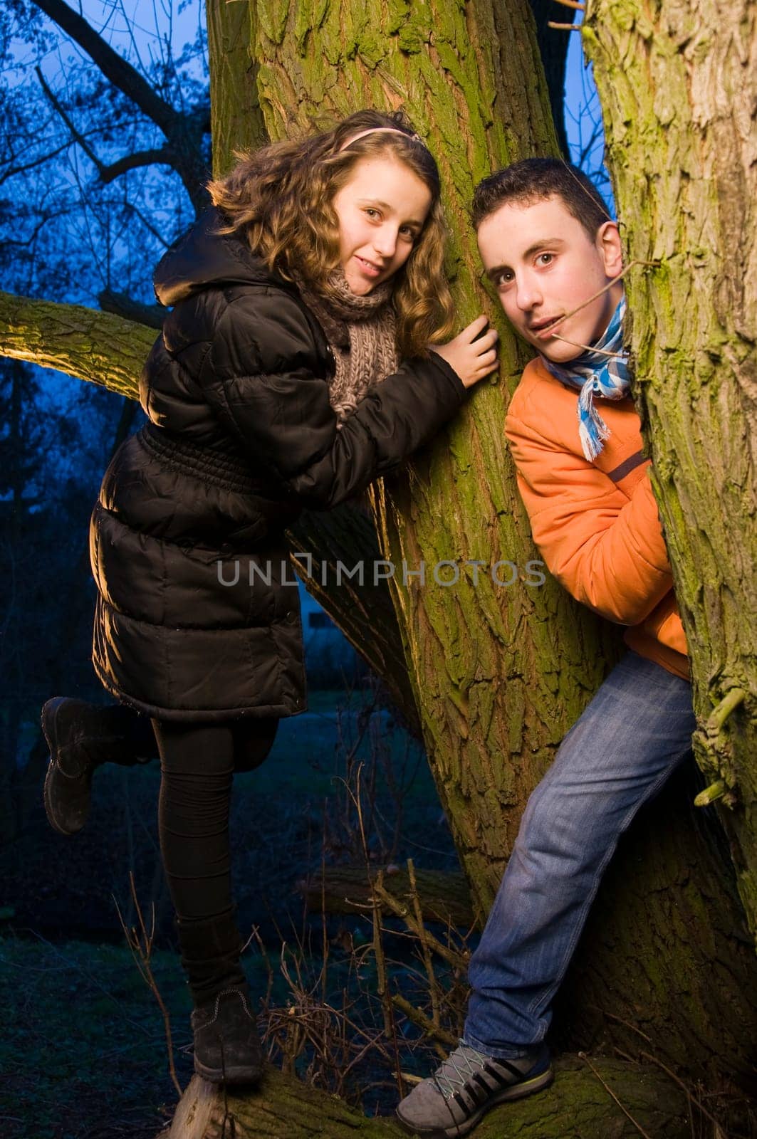 Portraits of two siblings (brother and sister) leaning against a tree at dusk and staring at the camera  Very deep camera perspective