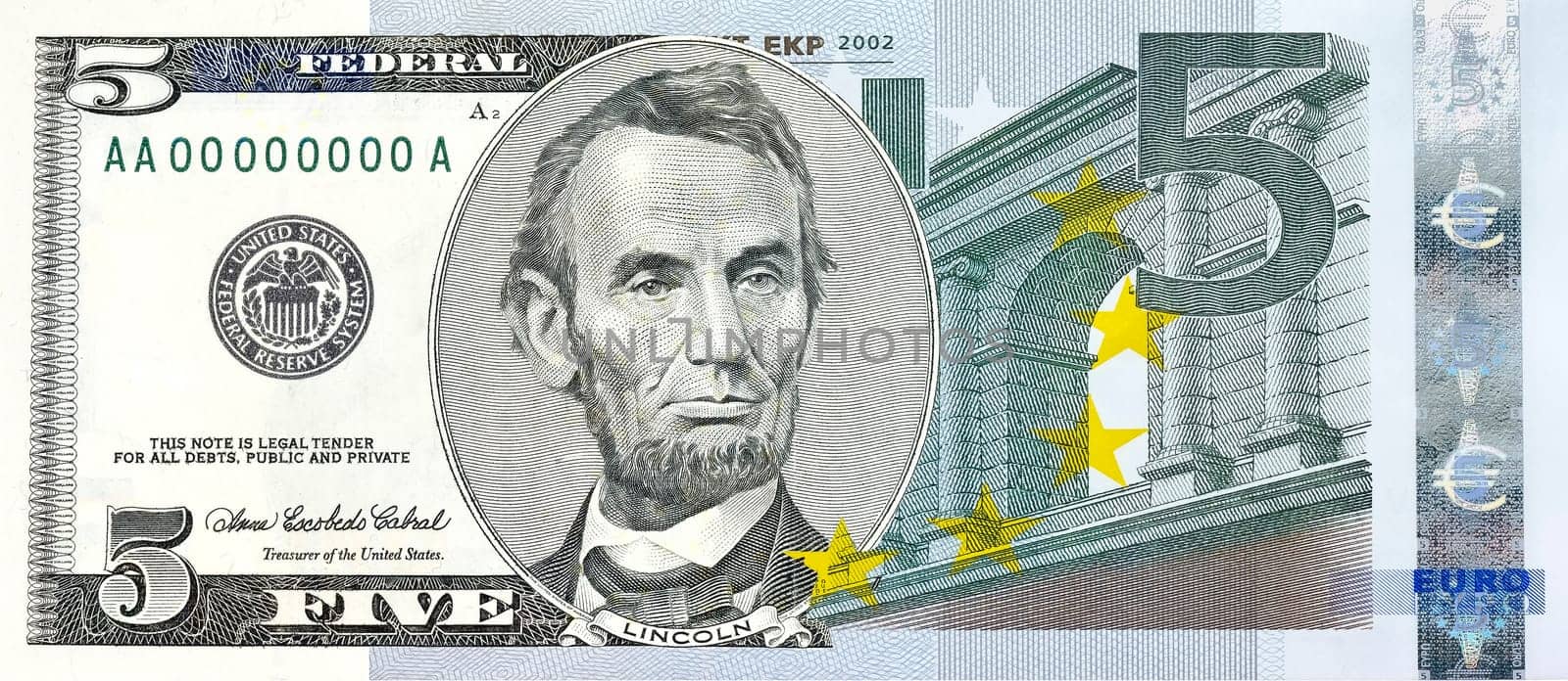 Bill of former U.S. president. Abraham Lincoln five-dollar bill combined with five Euros