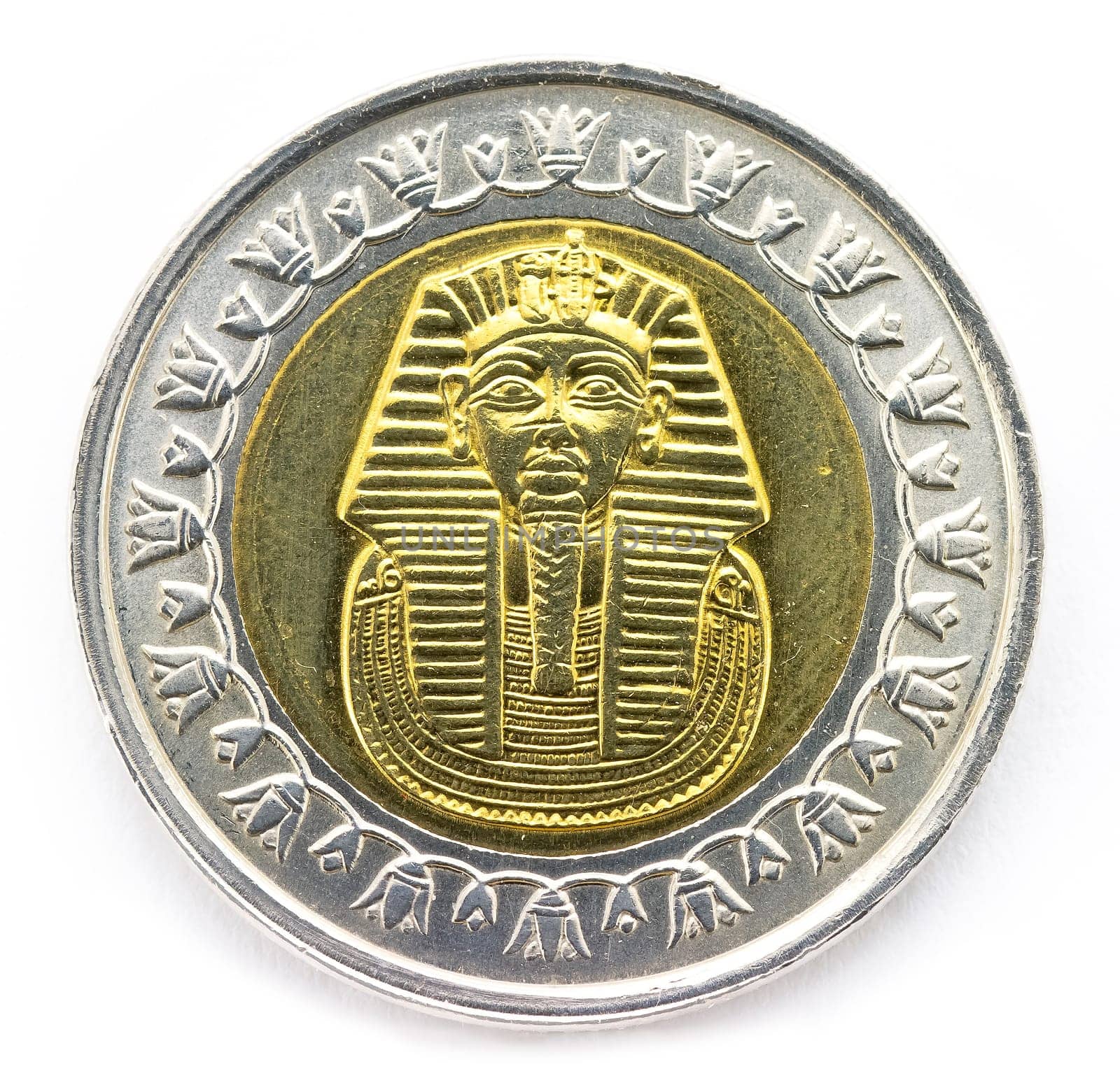 Arab Republic of Egypt, the coin of 1 pound, shows the pharaoh Tutankhamen