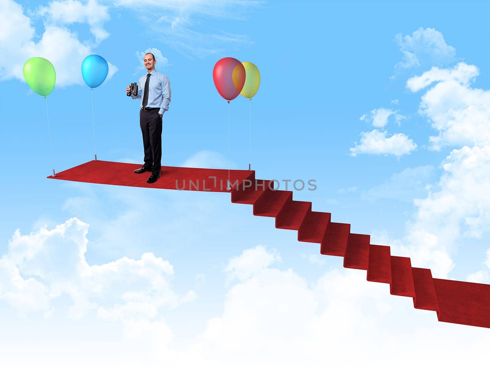 smiling man with binoculars on red carpet in the sky