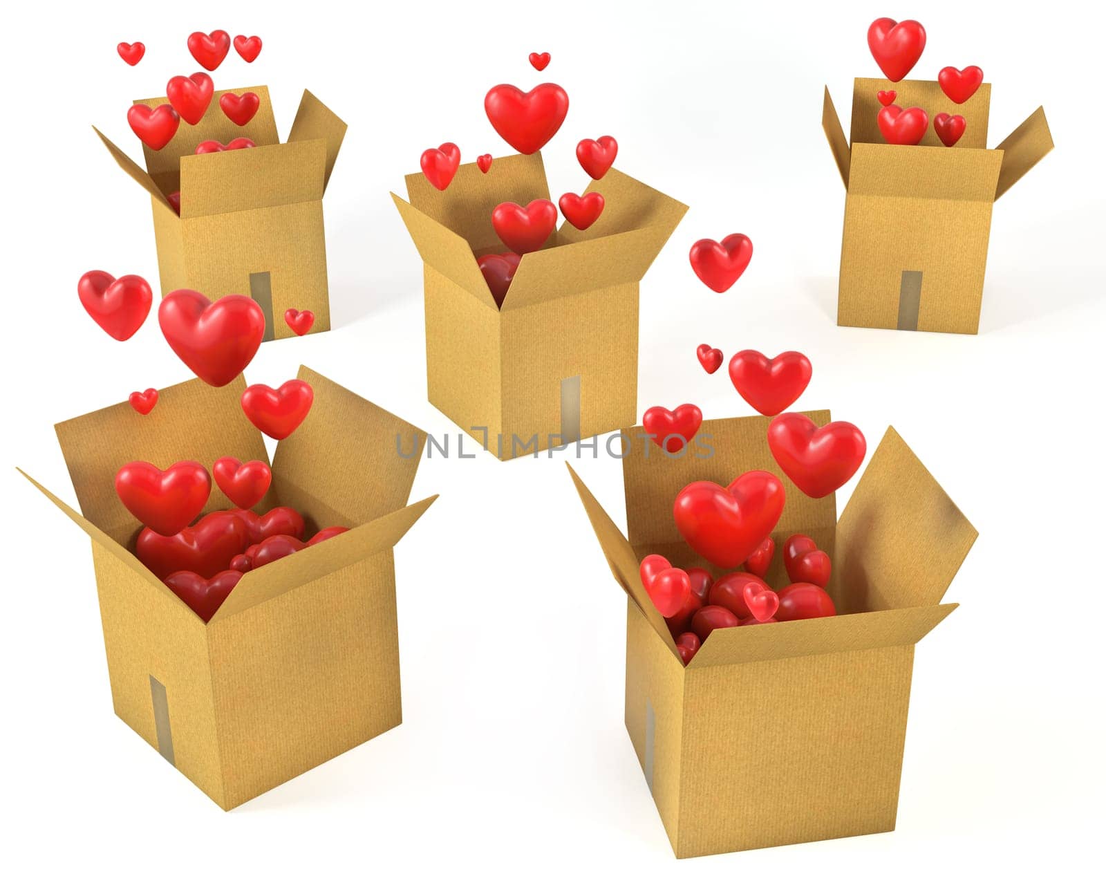 A lot of carton boxes with red hearts flying out of them, isolated on white background