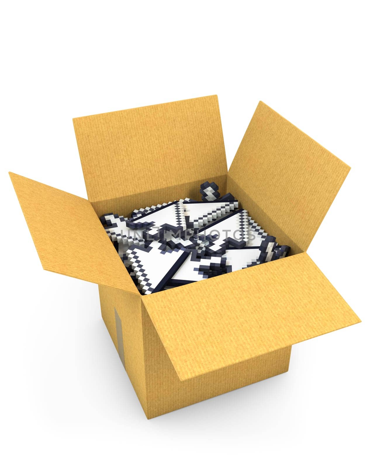 Box full of arrow cursors, isolated on white background