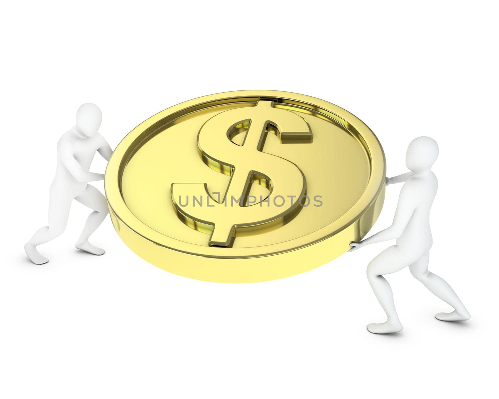 Two abstract guys carry heavy golden coin, isolated on white background
