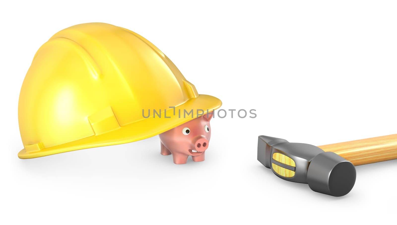 Piggy bank looks out of large helmet, isolated on white background
