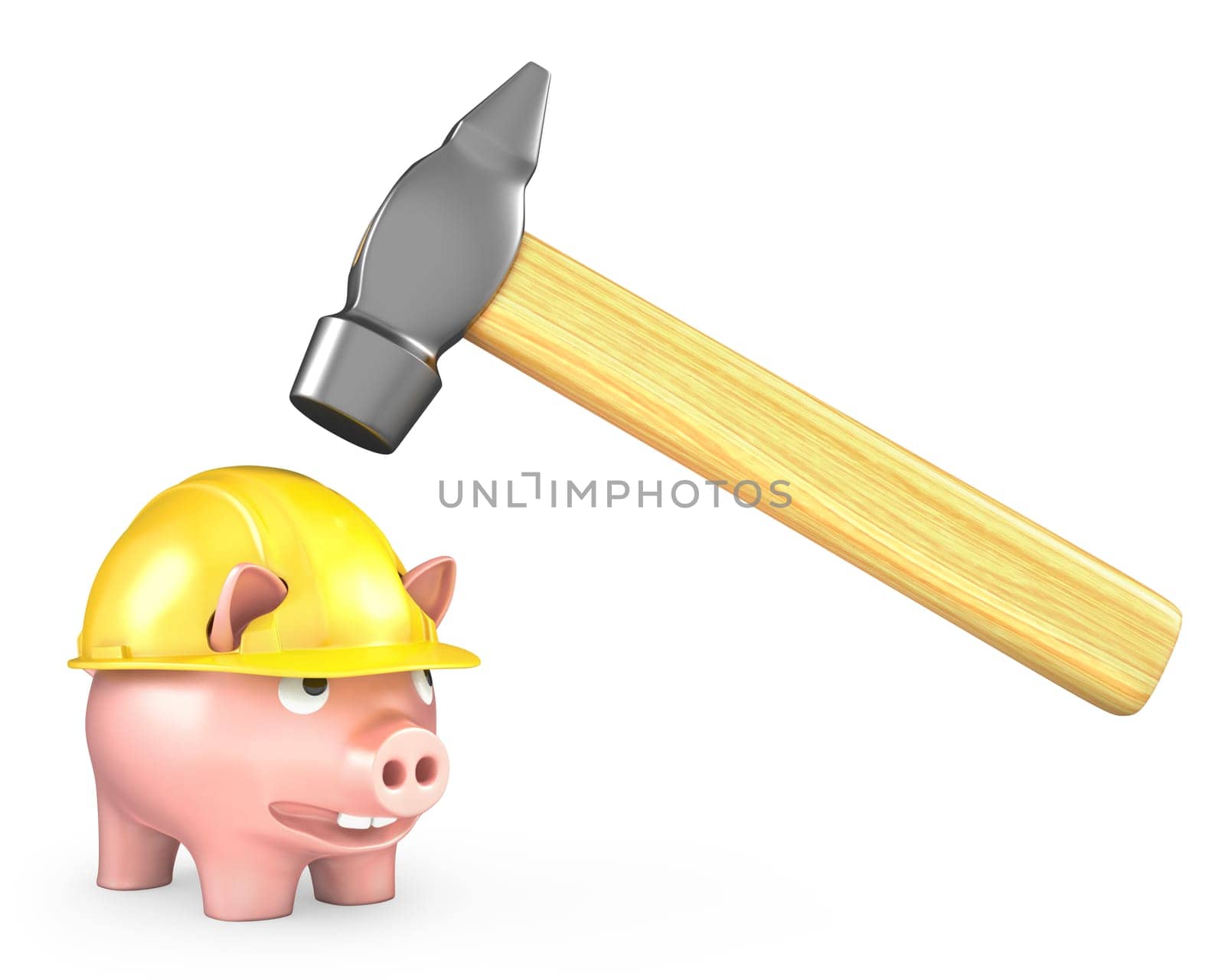 Piggy bank in yellow helmet under large hammer, isolated on white background