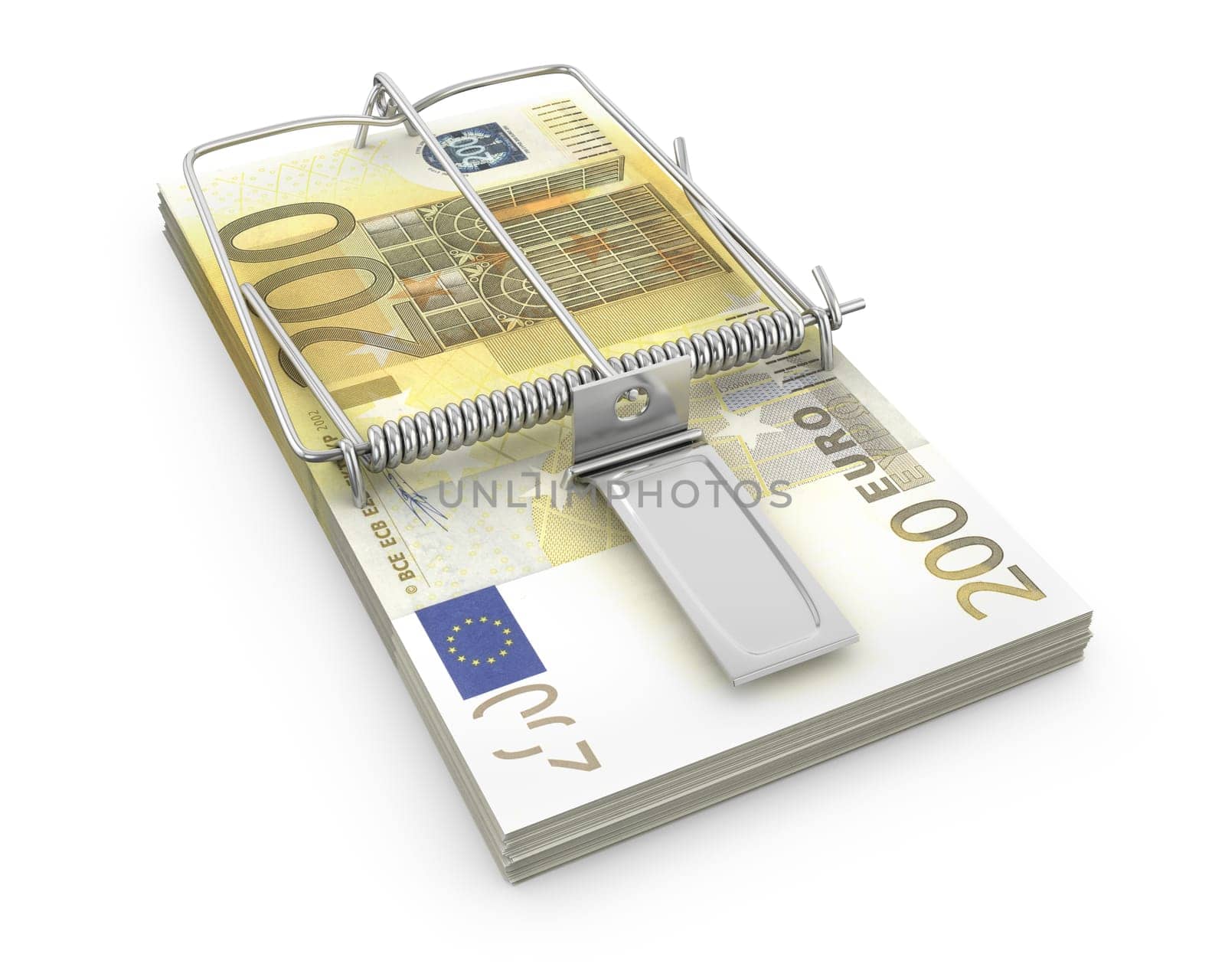 Mouse trap made of pack of euro , isolated on white background