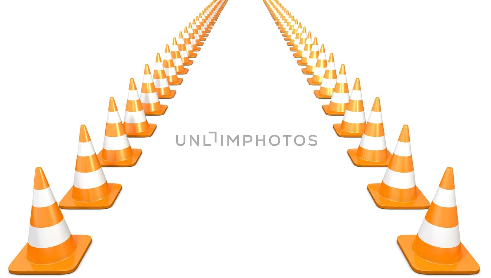 Two lines of traffic cones, isolated on white background