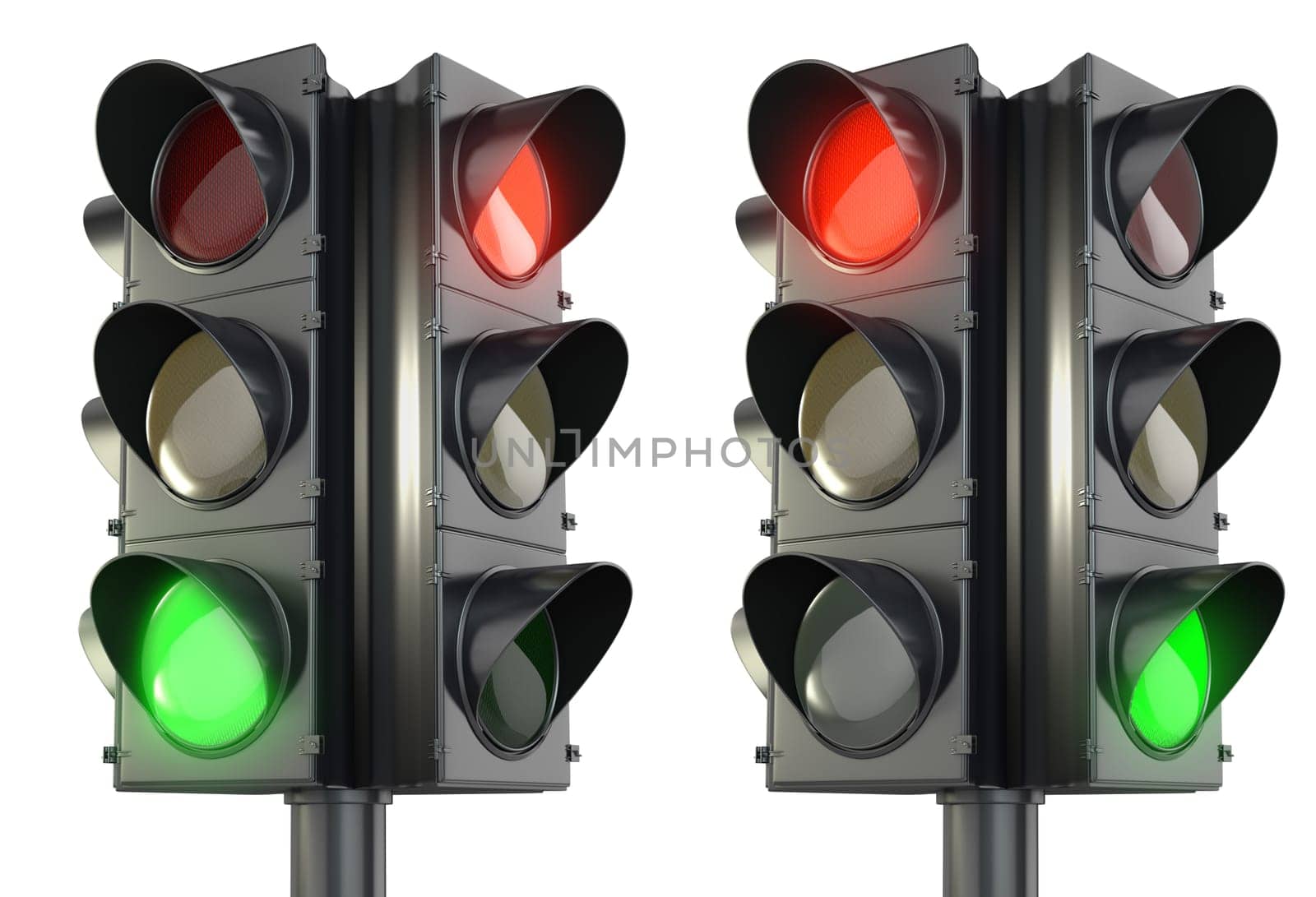 Four sided traffic light red and green variations, isolated on white background