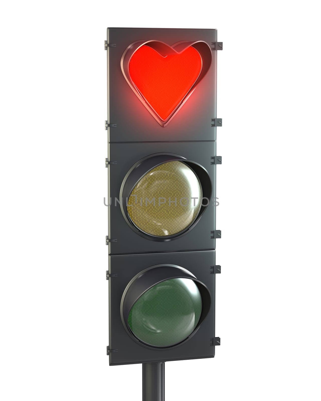 Traffic light with heart shaped red lamp isolated on white background