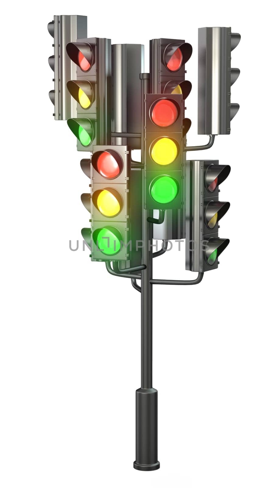 Large group of traffic lights on single stand, isolated on white