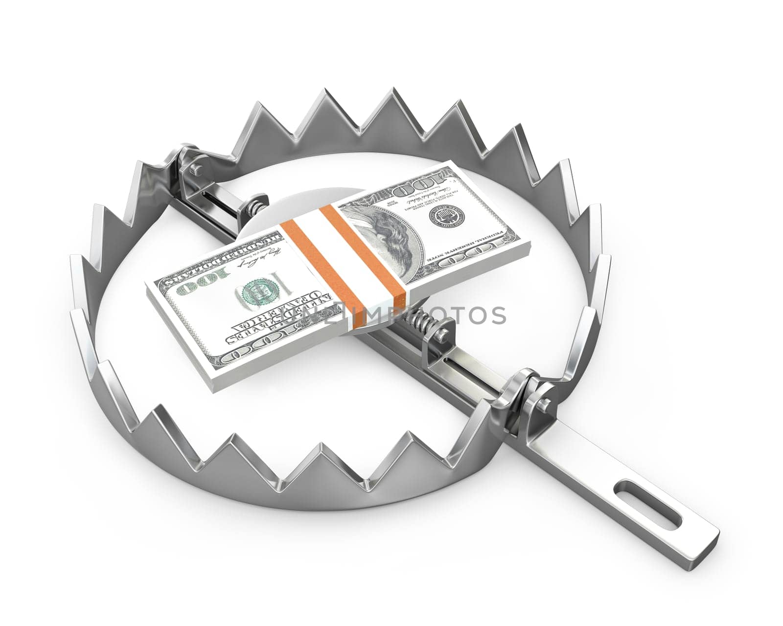 Bundle of 100 dollars in a bear trap,  isolated on white background