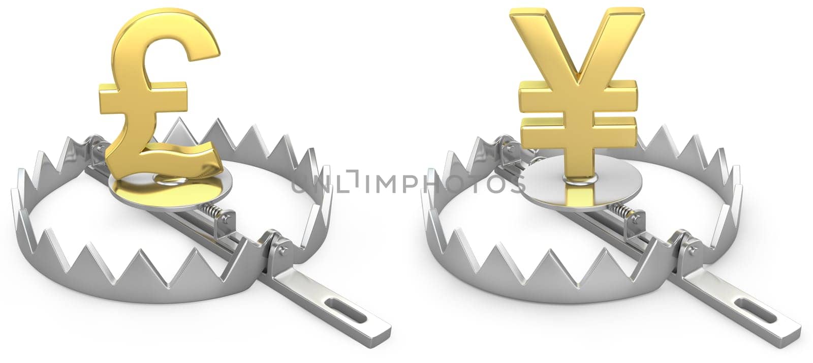 Pound and yen symbols in a bear trap, isolated on white background