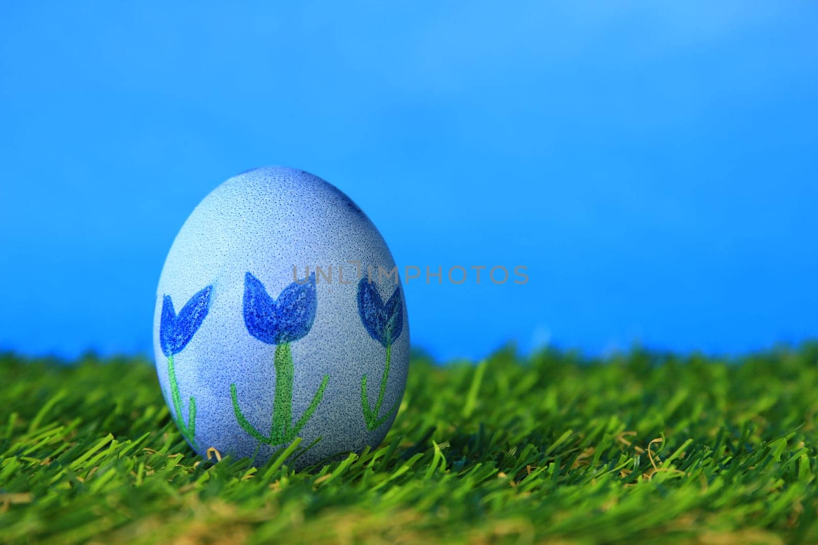 Easter decoration made of single,colorfully painted,Easter egg in green artificial grass