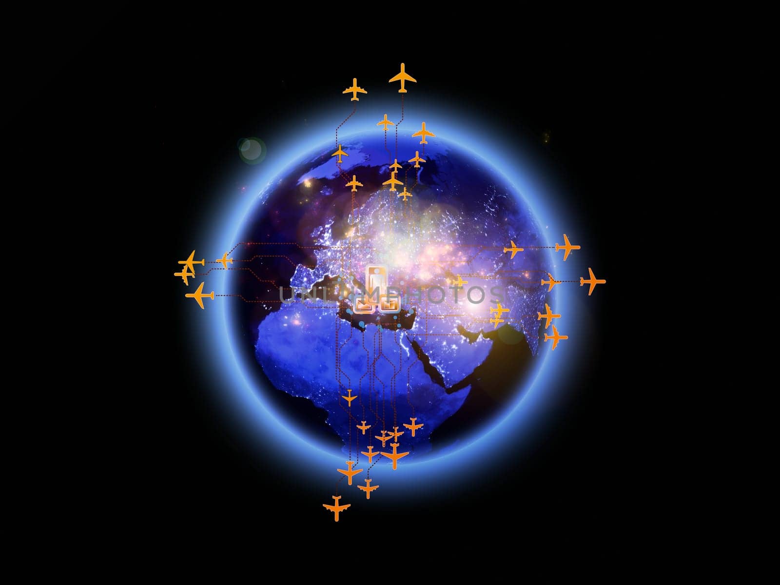 Rendering of city light map (courtesy of NASA), abstract lights and symbols on the subject of global transportation, travel, mail and shipping