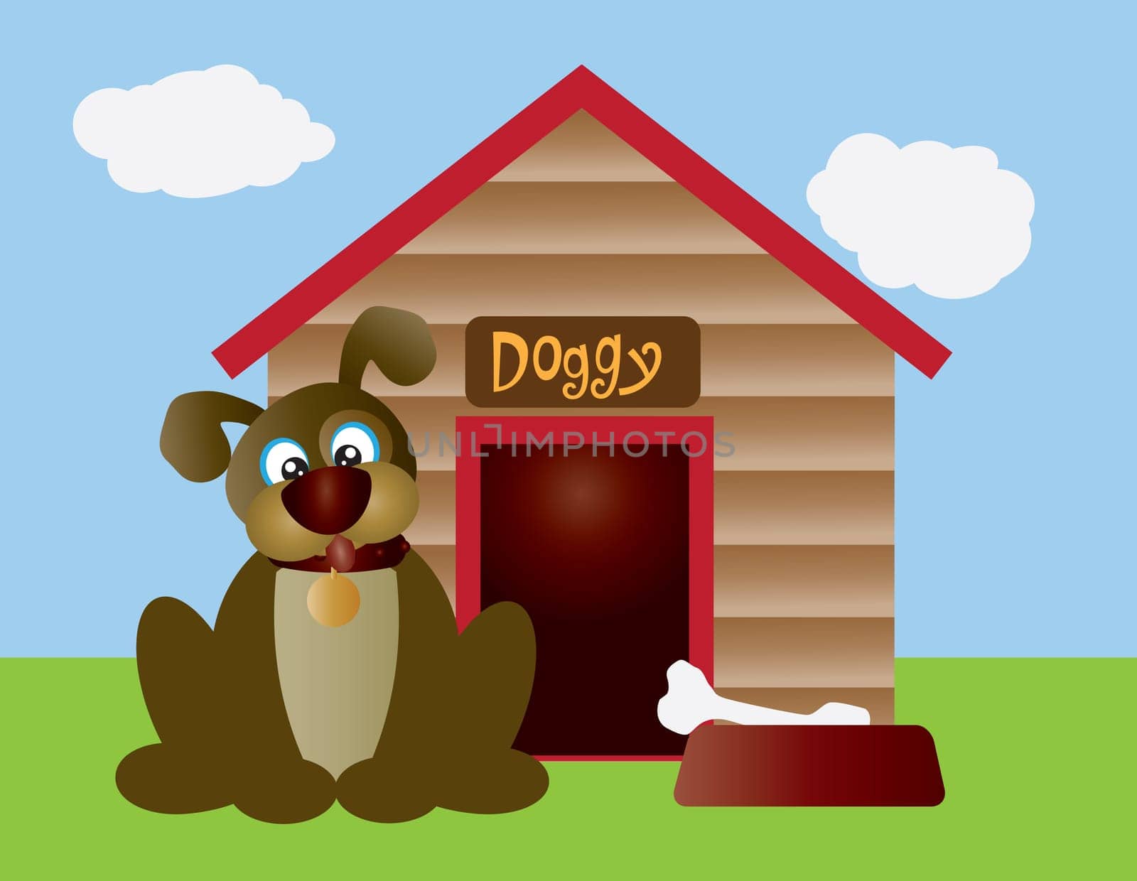 Cute Puppy Dog with Dog Bone in Dish and Dog House Illustration