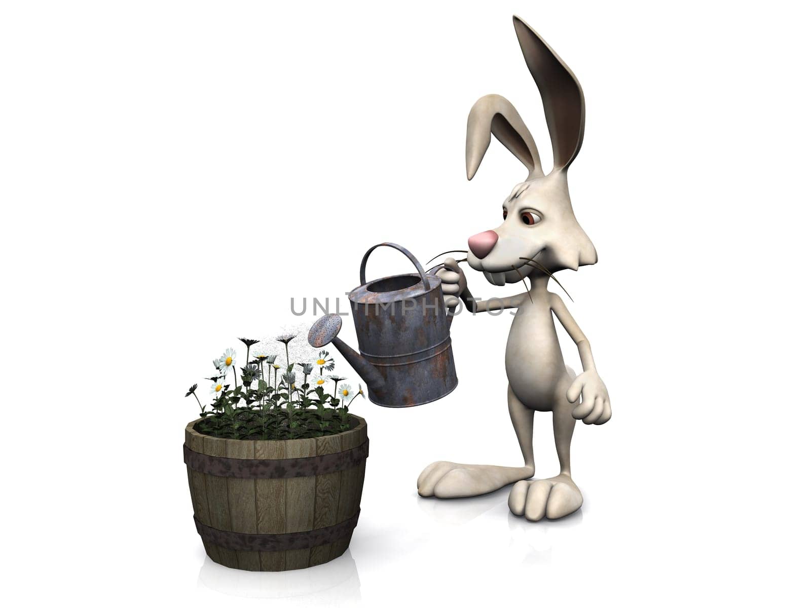 A cartoon rabbit watering some flowers in a pot, doing some gardening. White background.