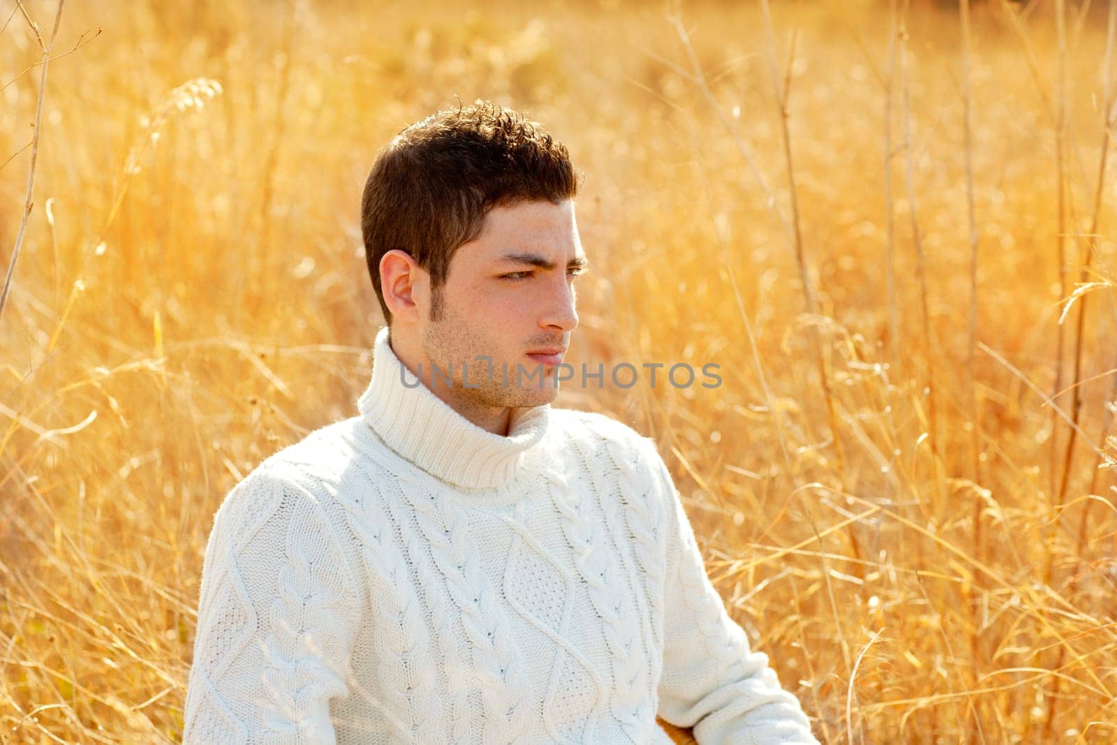 Autumn winter man portrait in outdoor dried grass field with turtleneck sweater