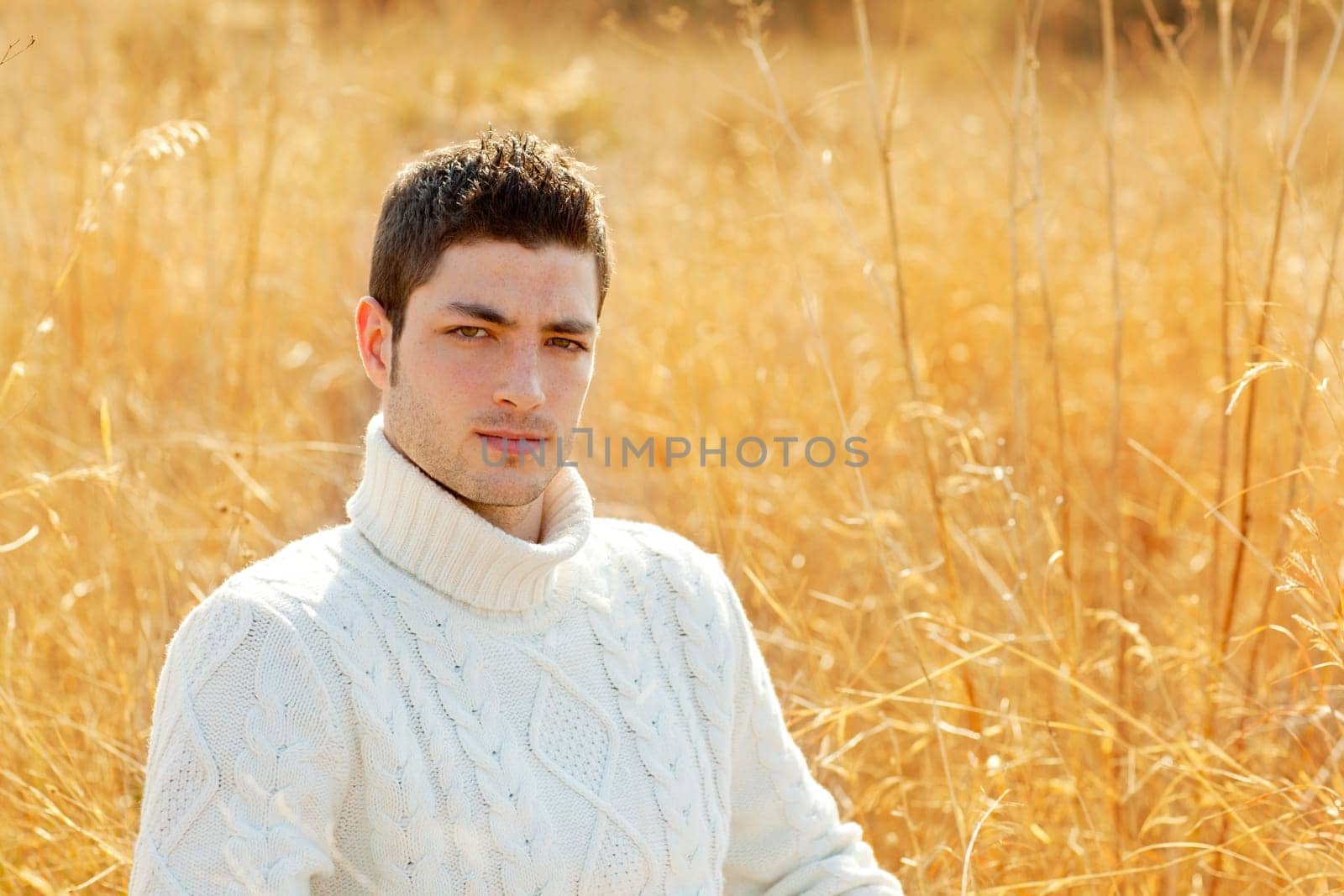 Autumn winter man portrait in outdoor dried grass field with turtleneck sweater