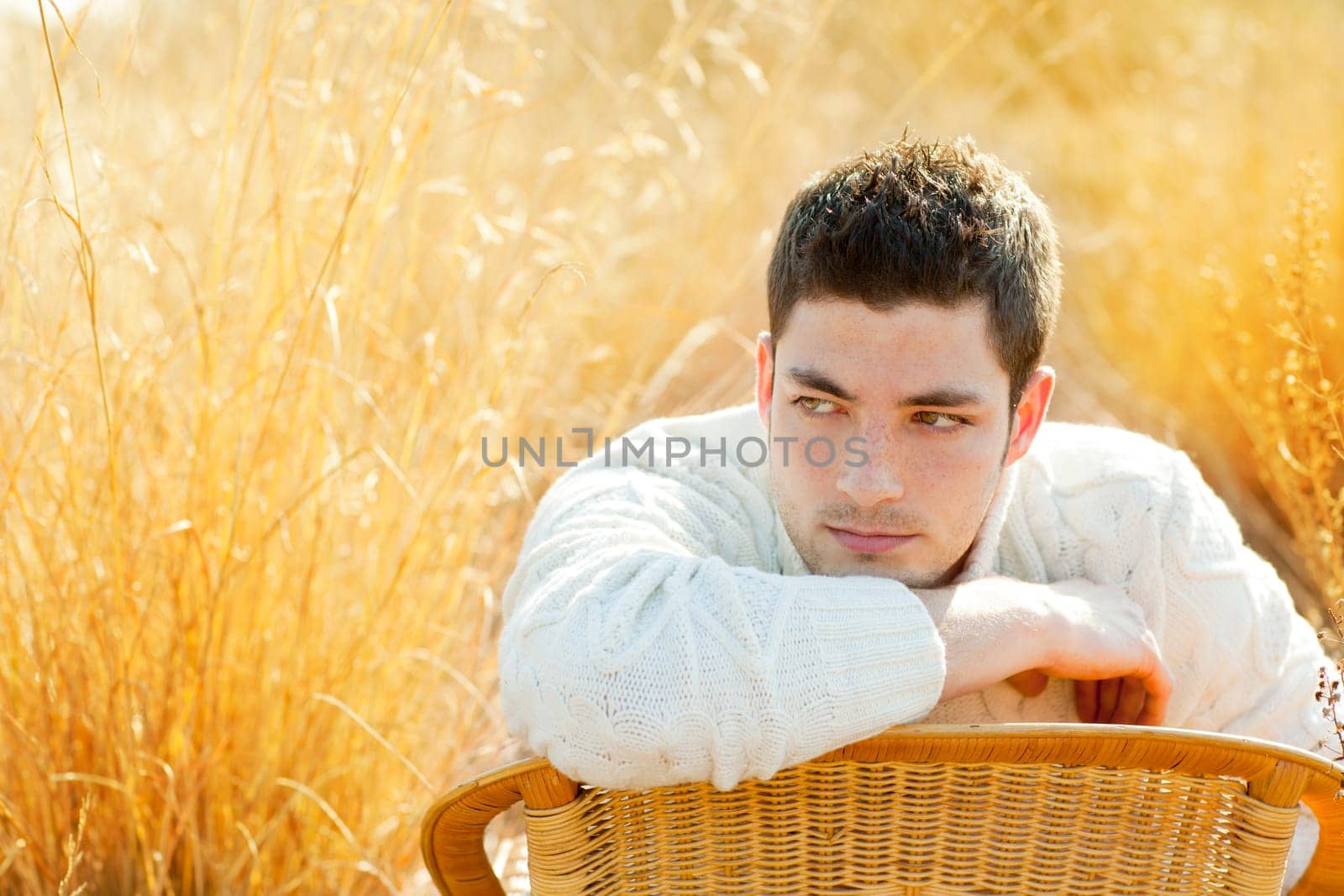 Autumn winter man portrait  in golden grass field with turtleneck sweater