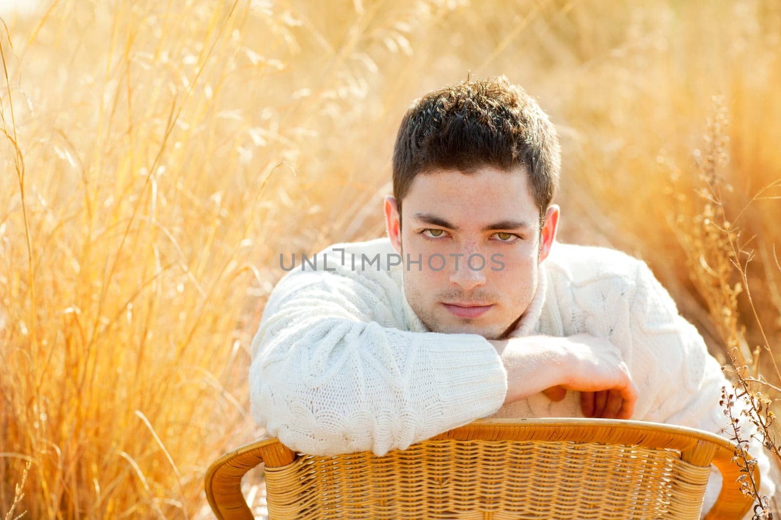 Autumn winter man portrait  in golden grass field with turtleneck sweater