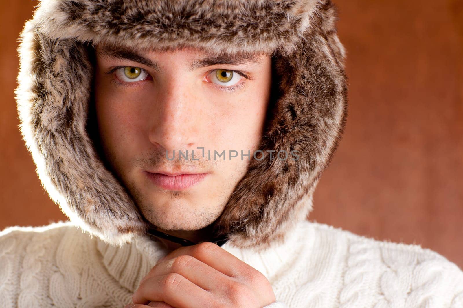 autumn winter man with brown fur  hat portrait