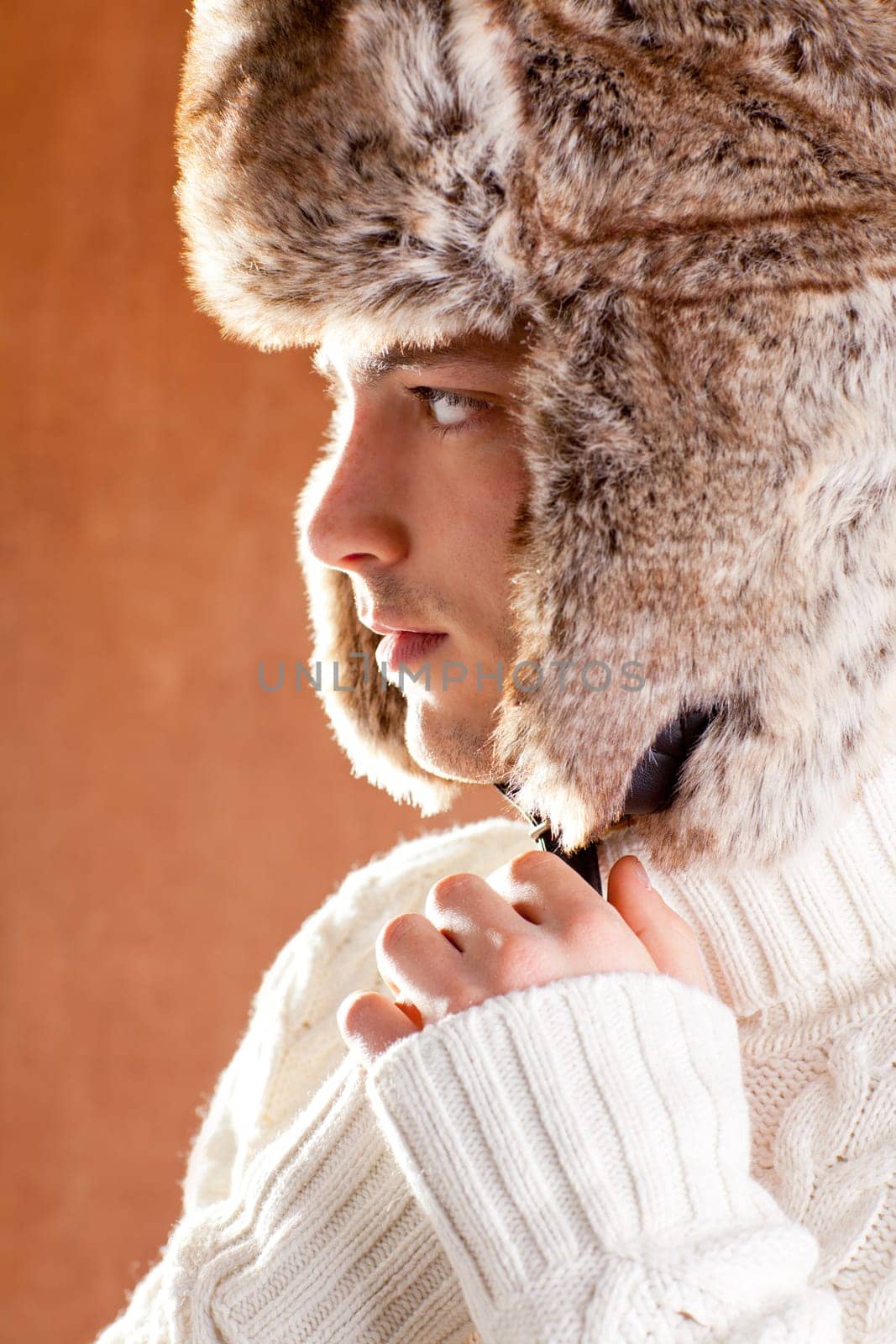 autumn winter man with brown fur  hat portrait