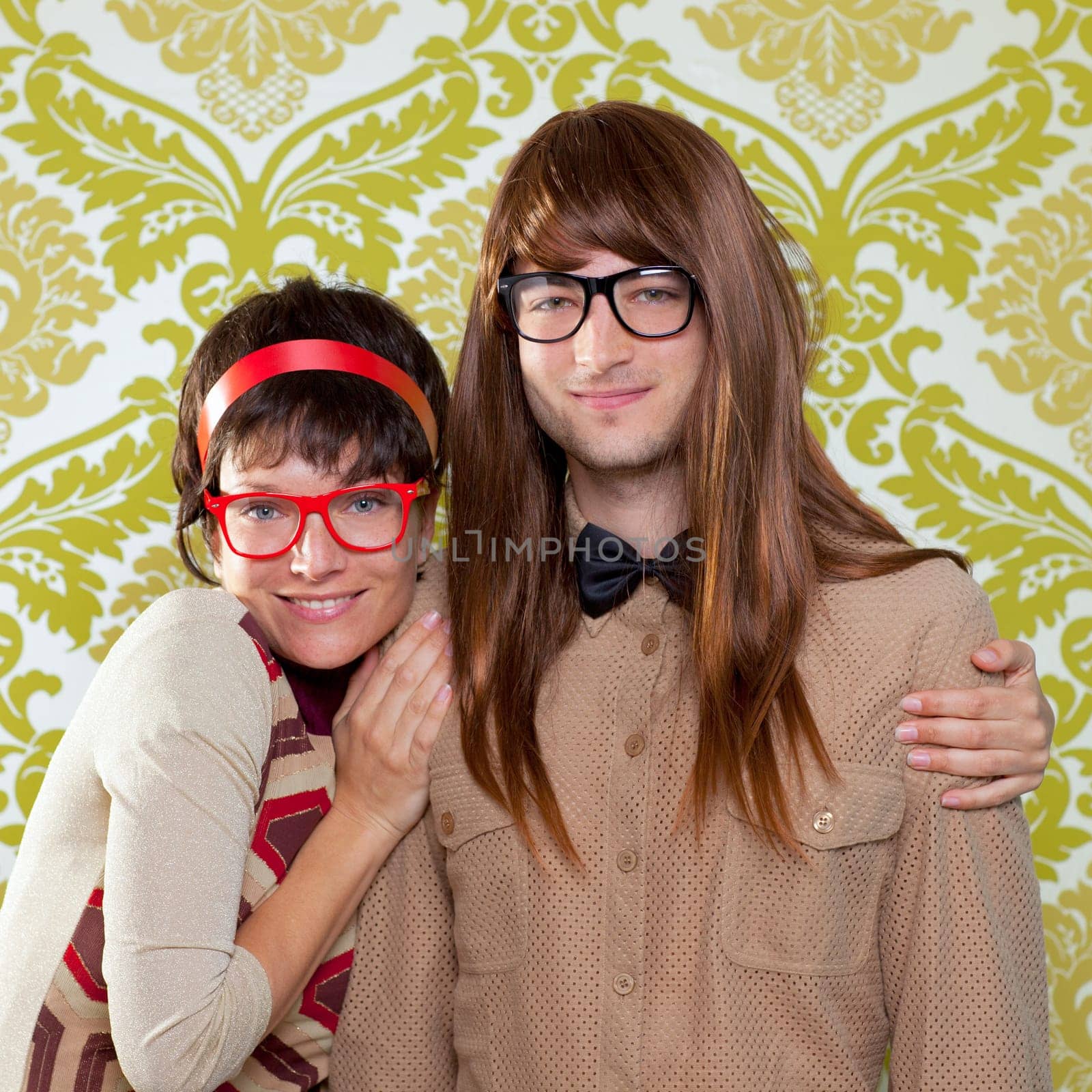 Funny humor silly nerd couple on retro vintage wallpaper background