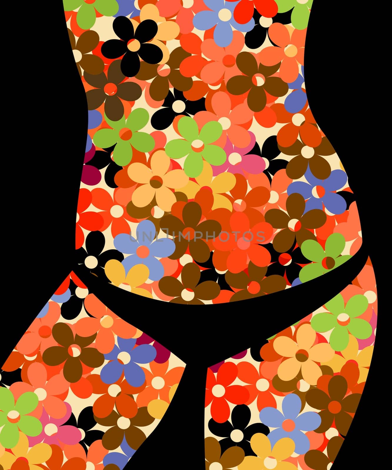 Conceptual background graphic with a bikini girl silhouette and floral pattern