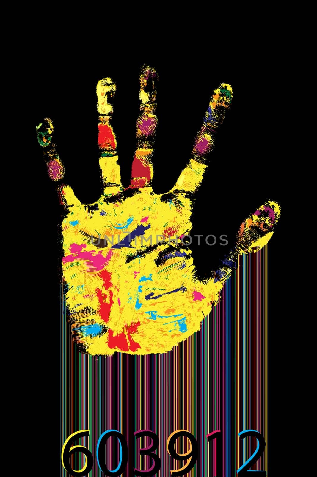 Multicolored hand print and bar-code against black background.