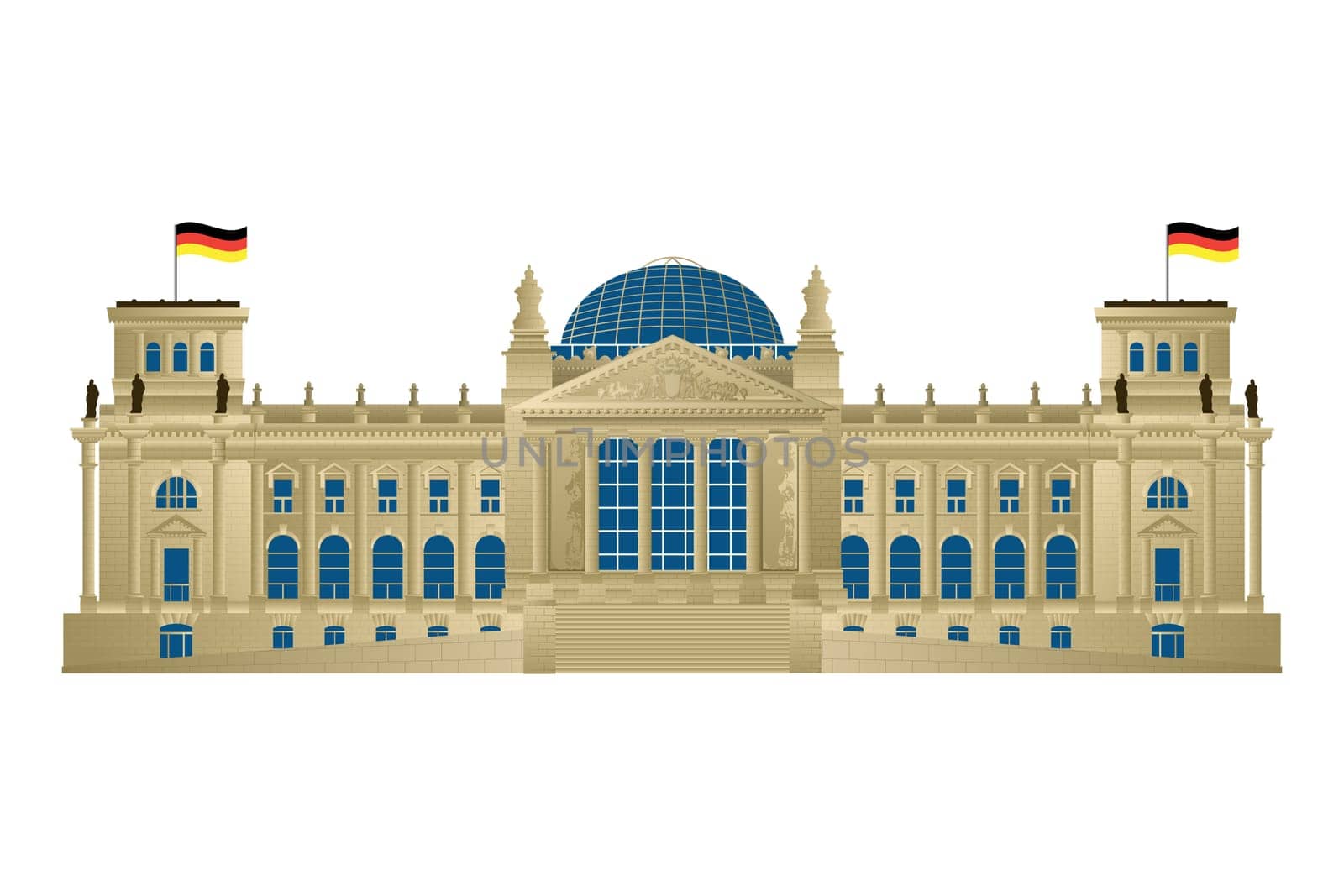 Detailed illustration of Berlin&#039 s parliament, Reichstag. Isolated and grouped objects over white background.