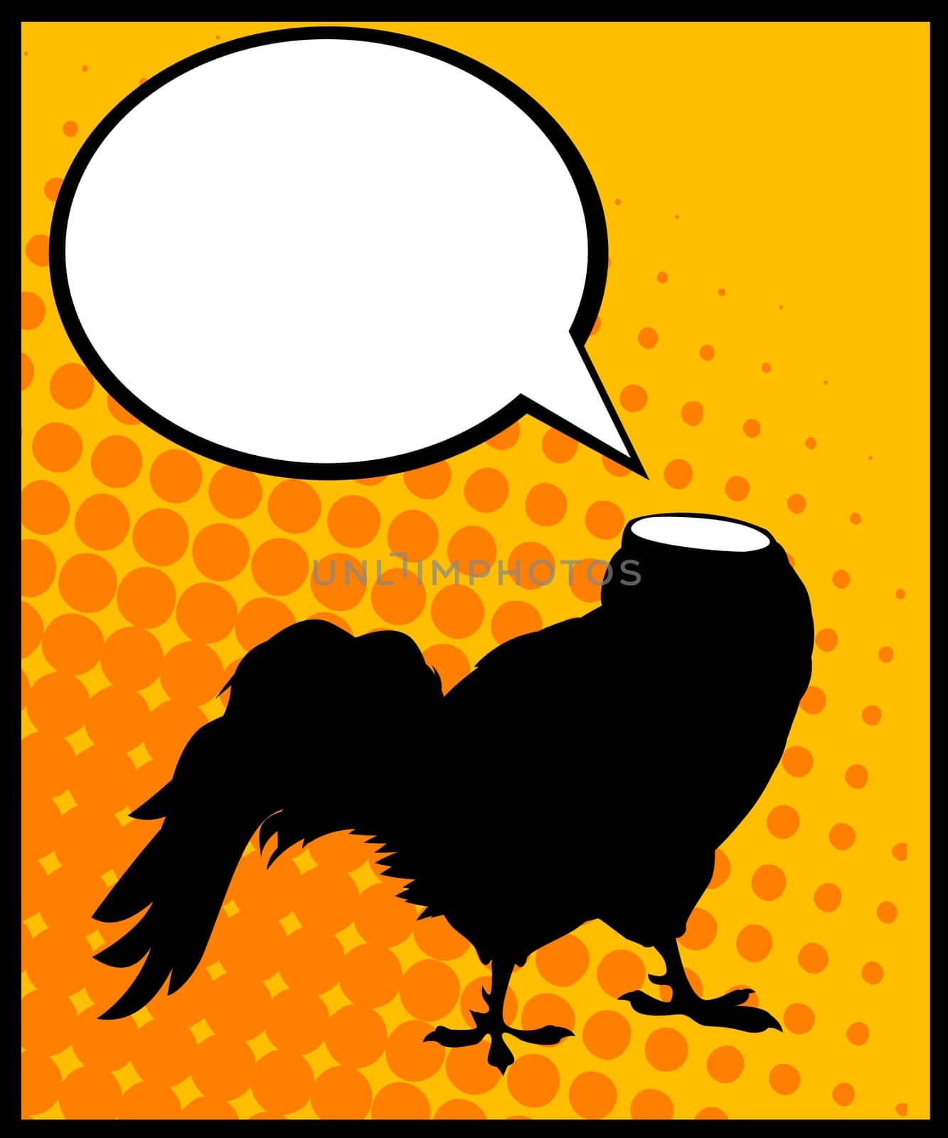 Conceptual comic style graphic of a headless rooster and speech bubble