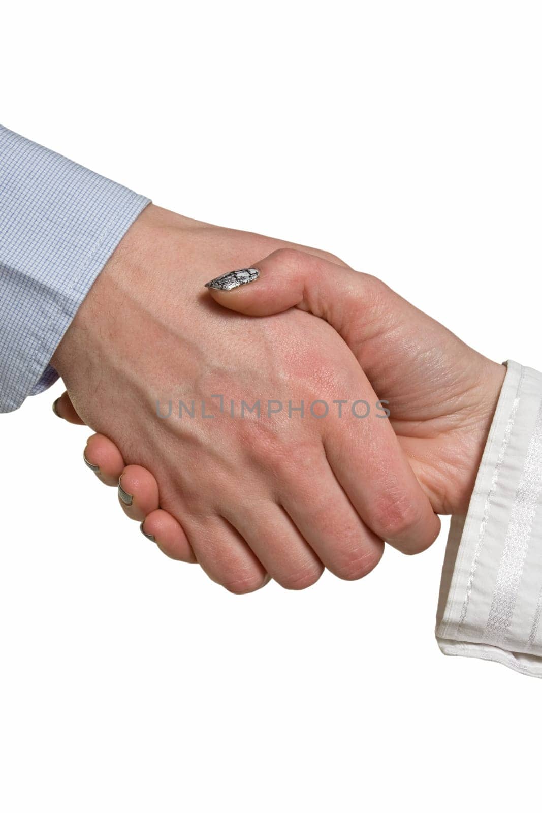 Handshake between  businessman and  businesswoman. isolated on white