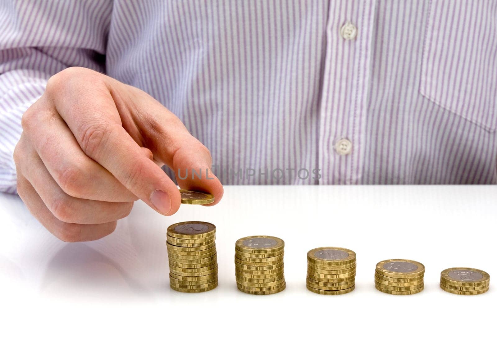 Increase your savings. hand put coin to money staircase