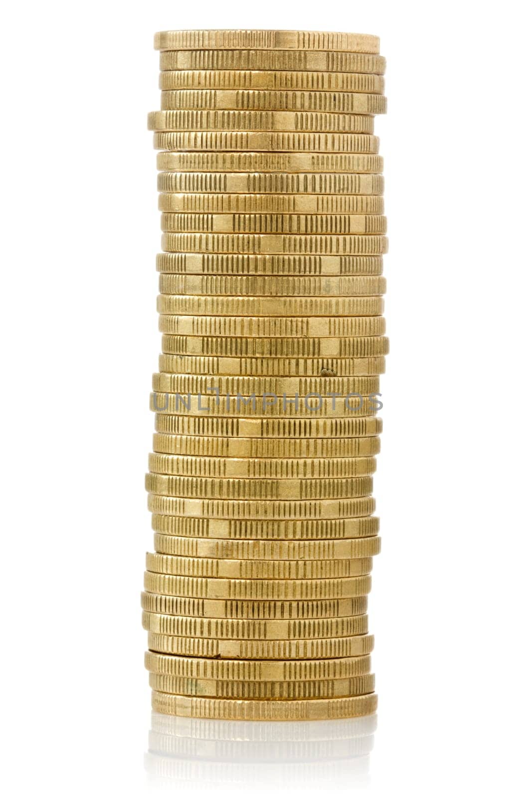 big stack of yellow coins on white background