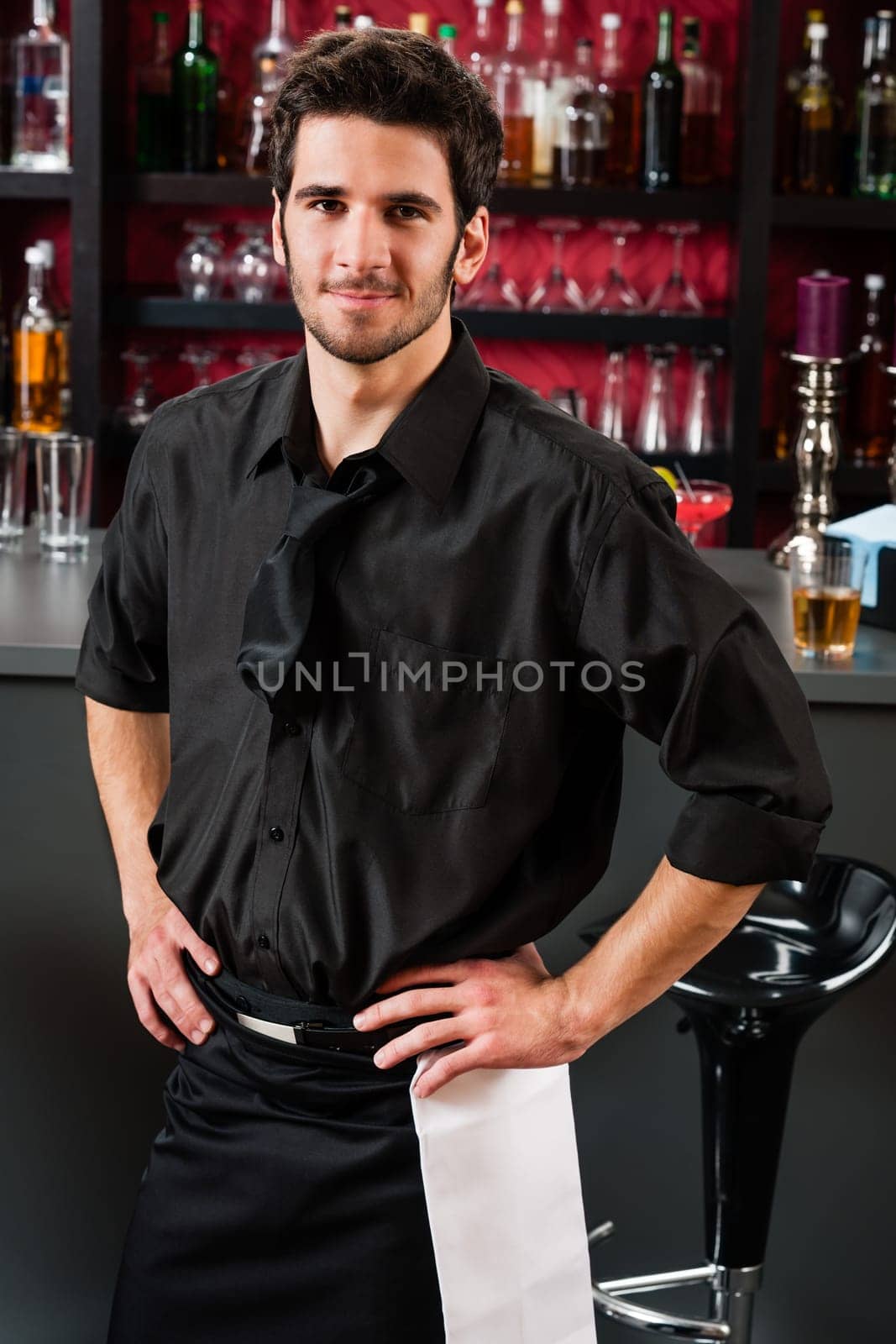 Portrait of handsome barman standing in front of the bar