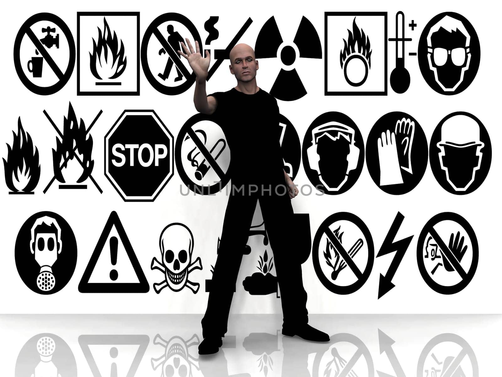 man and danger signs