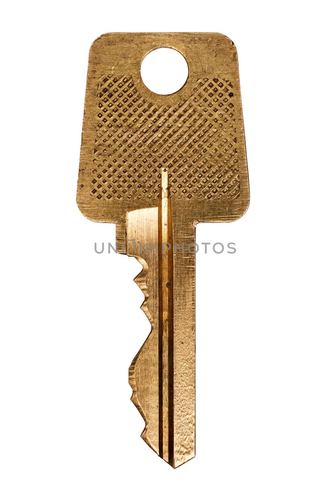 Macro view of an old golden key, isolated on a white background