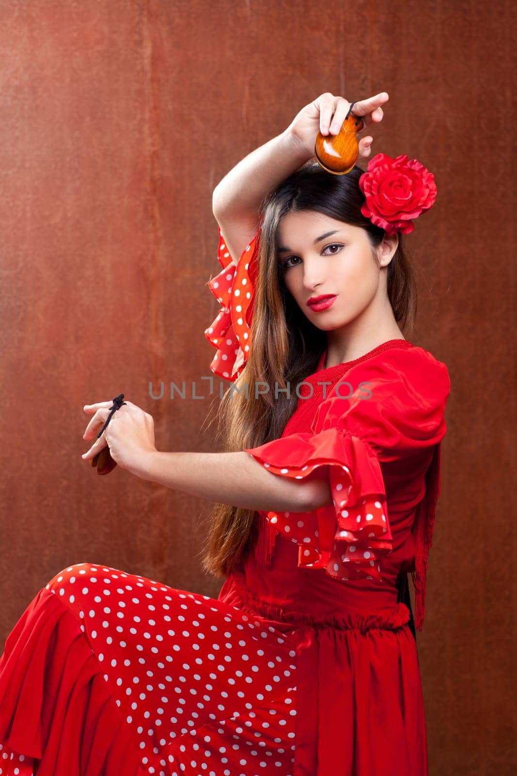 Castanets gypsy flamenco dancer Spain girl with red rose