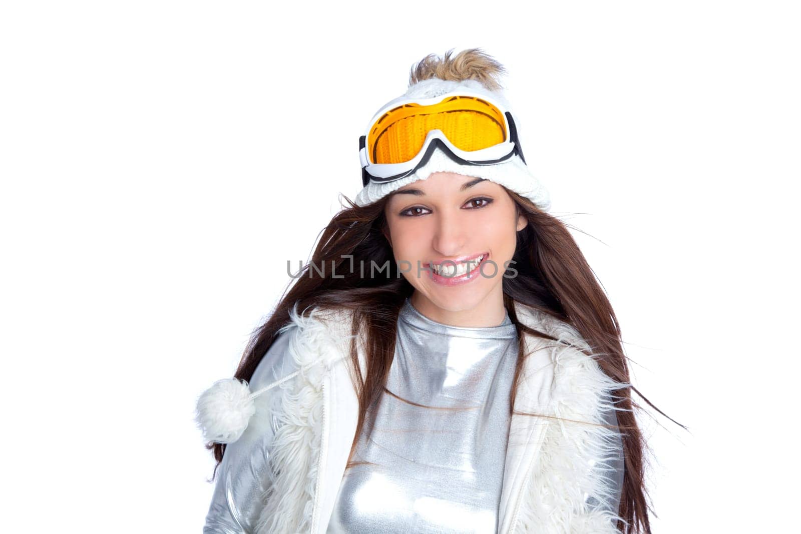 asian indian brunette winter girl with snow fur cap and ski glasses