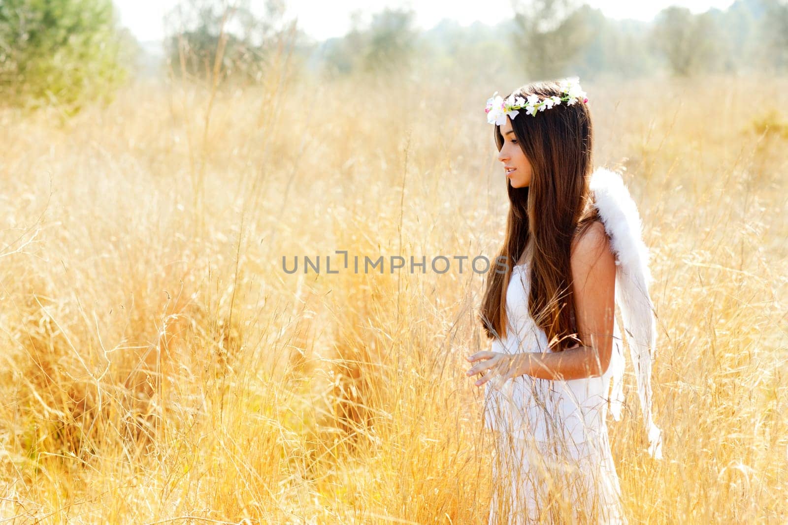 Angel etchnic woman in golden field with feather white wings and flowers crown