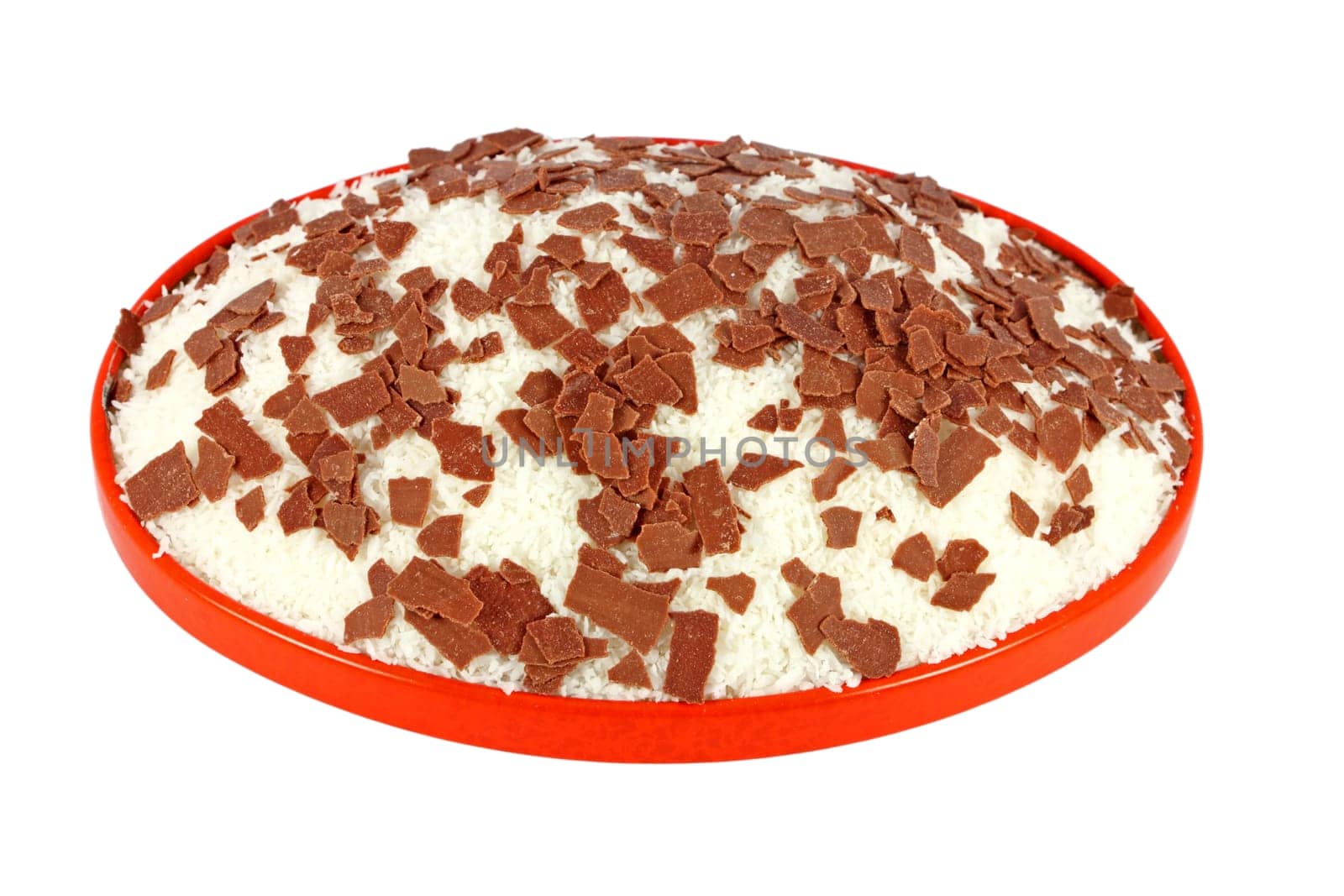 Coconut cake with chocolate isolated on white background