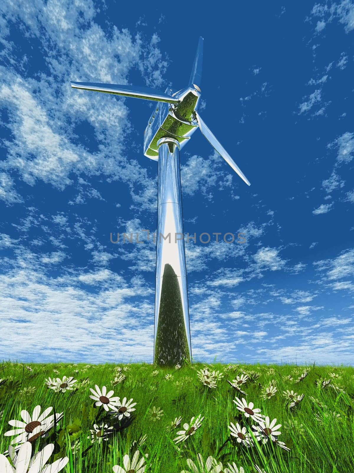 one wind turbane in grass and flowers