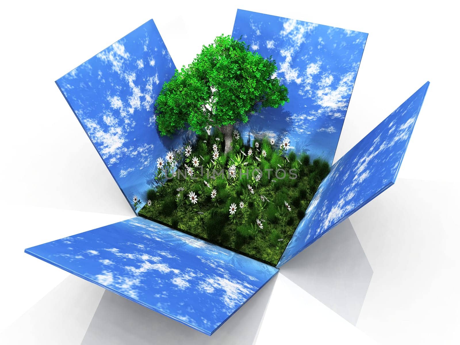 a box with grass and a green tree