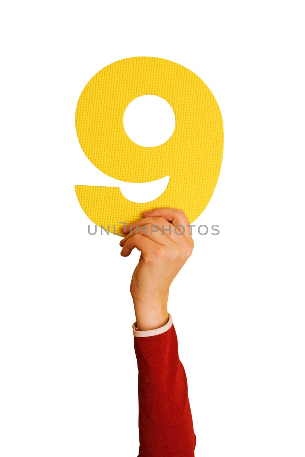 number nine in hand,isolated on white background