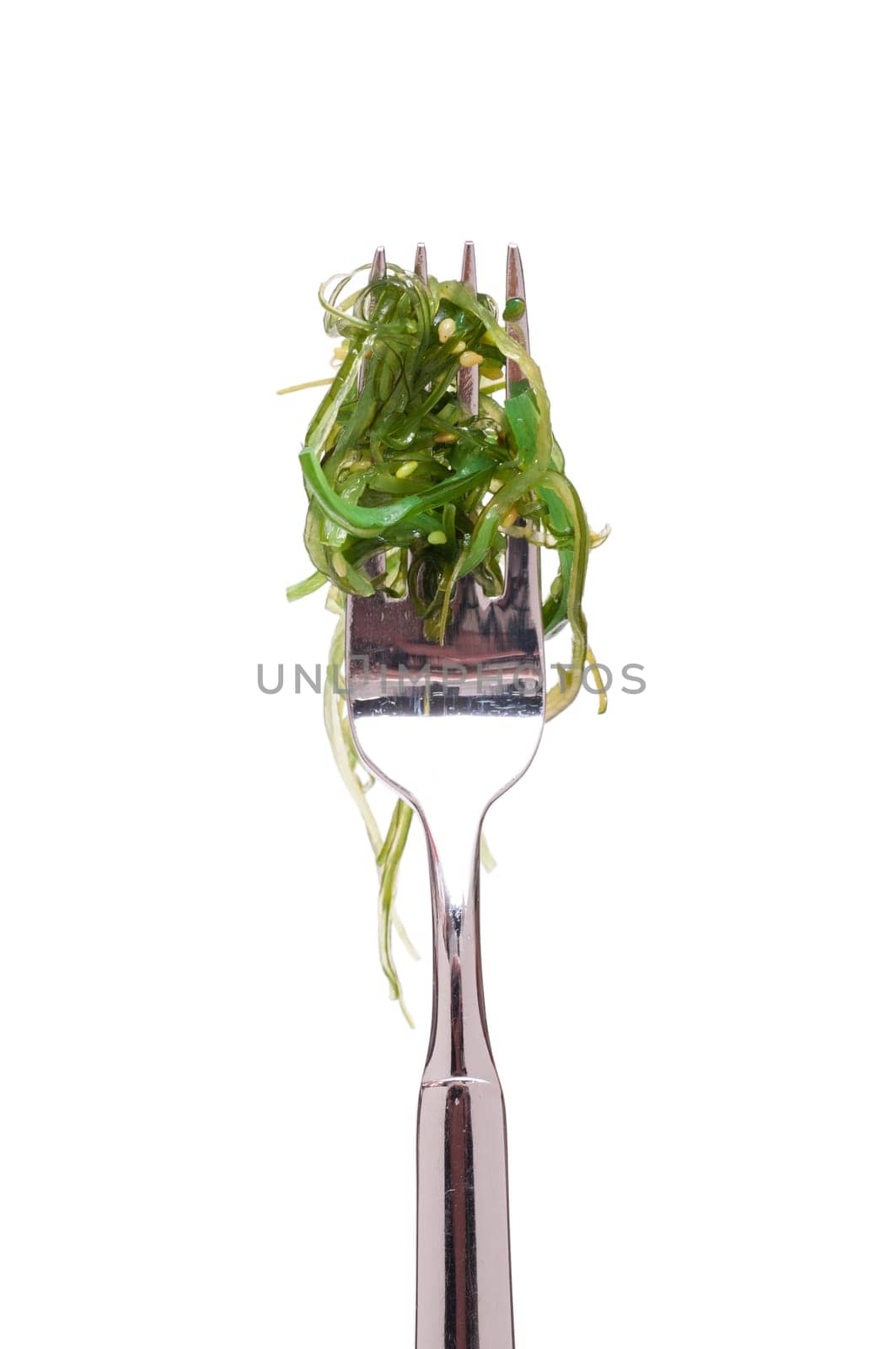 Green seaweed on a fork against white isolated background