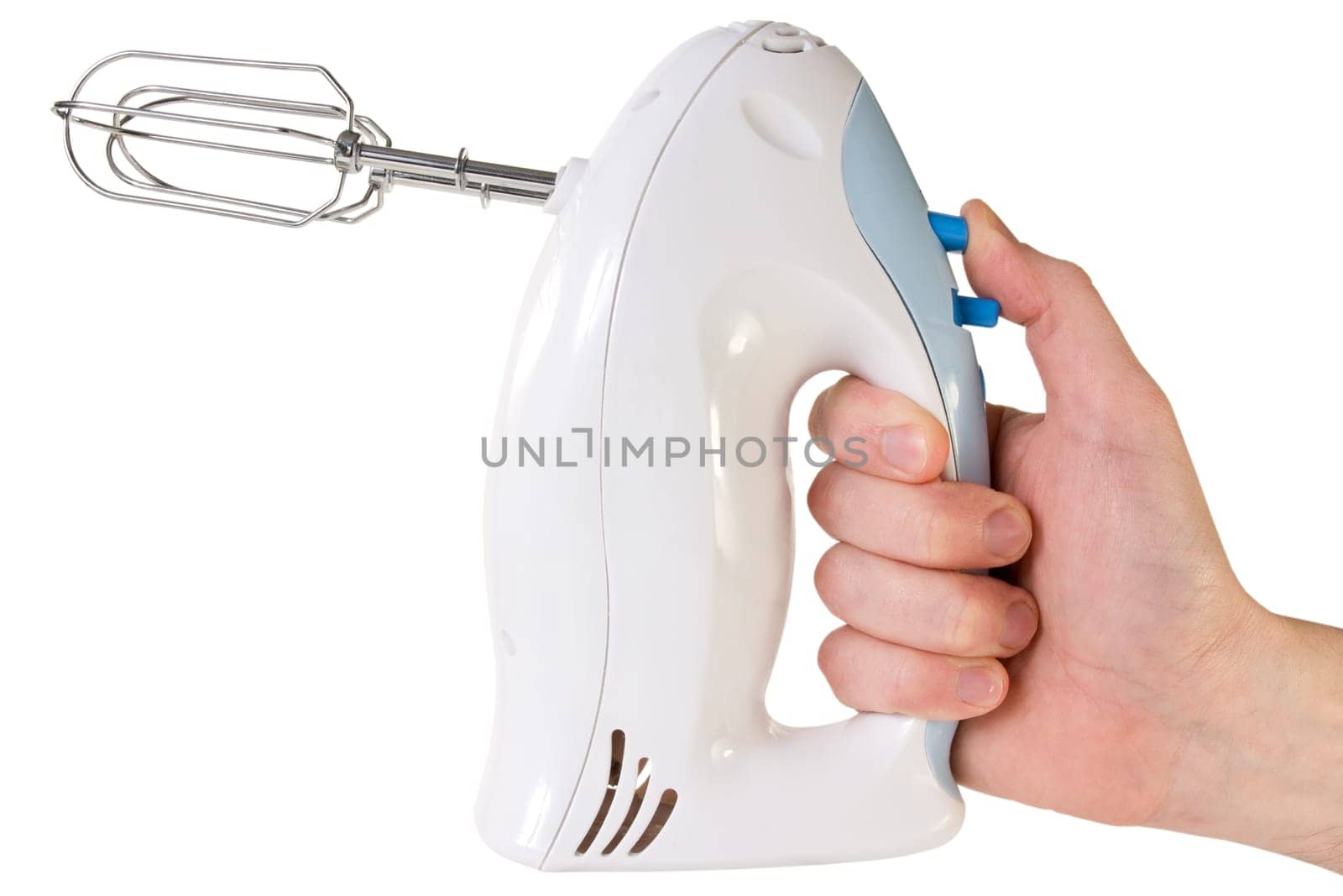 hand with a mixer isolated on white background