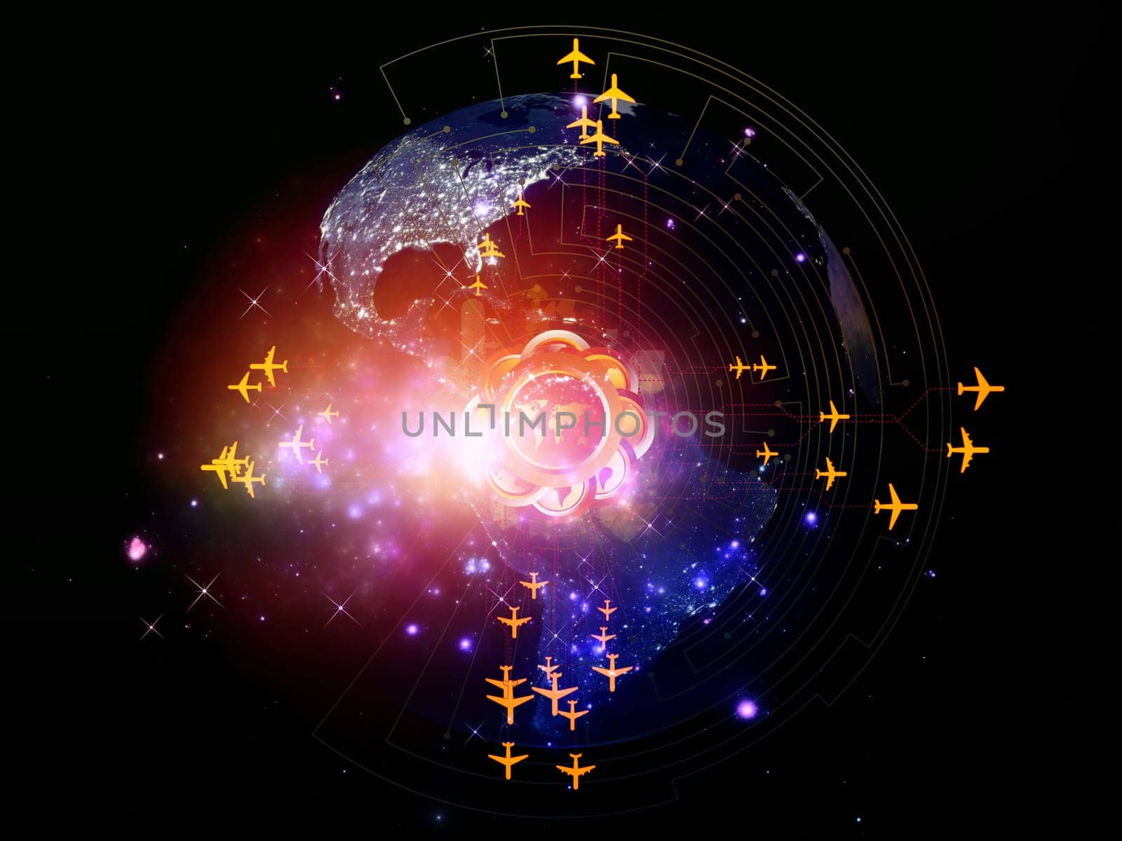 Rendering of city light map (courtesy of NASA), abstract lights and symbols on the subject of global transportation, communication and travel