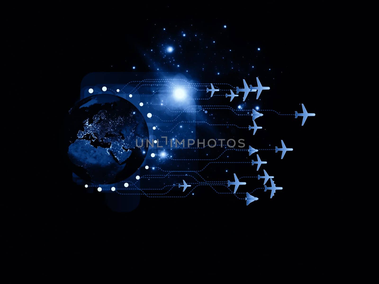 Rendering of city light map (courtesy of NASA), abstract lights and symbols on the subject of global transportation, communication and travel