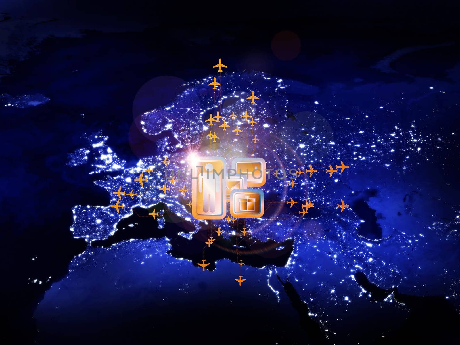Rendering of city light map (courtesy of NASA), abstract lights and symbols on the subject of global transportation, travel, mail and shipping